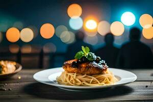 a plate of pasta and a fish on a table with a blurry background. AI-Generated photo