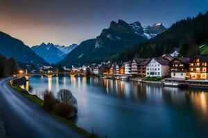 a river and houses in the mountains at dusk. AI-Generated photo