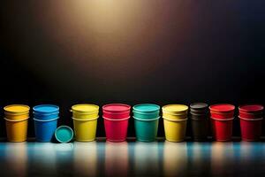 a row of colorful plastic cups on a dark background. AI-Generated photo