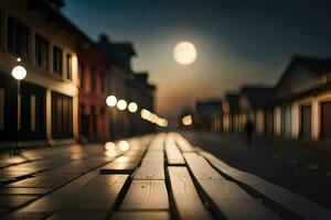 a long wooden bench is sitting on a street at night. AI-Generated photo