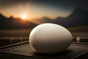 egg on a grill, sunset, mountains, hd wallpaper. AI-Generated photo