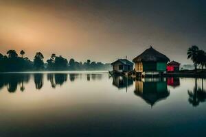 a house on the water at sunrise. AI-Generated photo