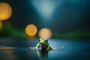 a frog sitting on the ground in front of a blurry background. AI-Generated photo