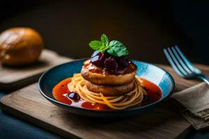 a plate of spaghetti with tomato sauce and meatballs. AI-Generated photo