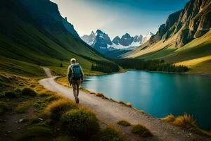 un hombre camina a lo largo un camino cerca un lago. generado por ai foto