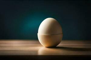 an egg sitting on a table with a blue background. AI-Generated photo