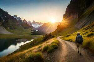 the man is walking on the road in the mountains. AI-Generated photo