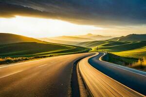 un largo la carretera con un puesta de sol en el antecedentes. generado por ai foto