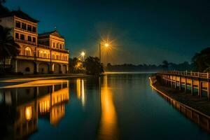 a river at night with a bridge and a building. AI-Generated photo