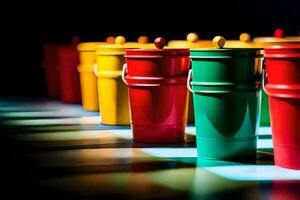 colorful buckets lined up on a black and white checkered floor. AI-Generated photo