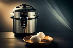 a large pressure cooker with two eggs on a wooden plate. AI-Generated photo