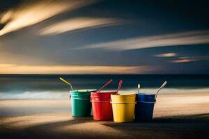 three colorful buckets on the beach with a sunset in the background. AI-Generated photo