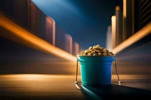 a bucket of peanuts on a table in front of a blurry background. AI-Generated photo