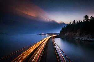 a long exposure photograph of a road and water. AI-Generated photo