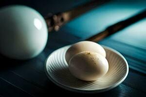 two eggs on a plate with chopsticks. AI-Generated photo