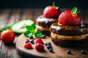 dos chocolate pasteles con fresas y aguacate. generado por ai foto