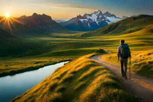 a man walks on a path in the mountains. AI-Generated photo