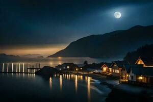 a moonlit night scene with houses on the shore. AI-Generated photo