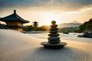a stone tower in the sand with a pagoda in the background. AI-Generated photo