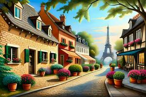 paris street scene with eiffel tower and flowers. AI-Generated photo