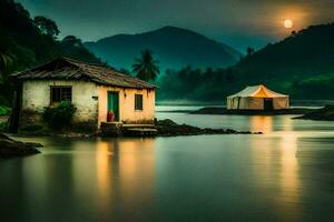 a small hut sits on the shore of a river. AI-Generated photo