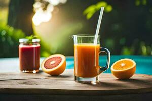 naranja jugo en un vaso con un paja. generado por ai foto