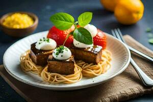 espaguetis con albóndigas y Tomates en un lámina. generado por ai foto