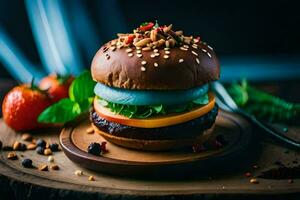 un hamburguesa con queso, Tomates y otro coberturas generado por ai foto