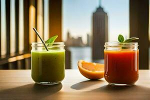 two glasses of juice with a view of the city. AI-Generated photo
