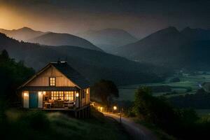 photo wallpaper the sky, mountains, house, light, the road, the house, the road. AI-Generated