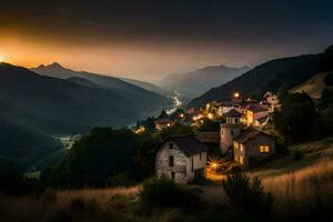 un pueblo en el montañas a puesta de sol. generado por ai foto