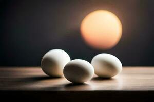 Tres huevos en un mesa con un brillante ligero detrás a ellos. generado por ai foto