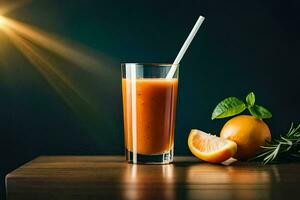 orange juice in a glass with a straw. AI-Generated photo