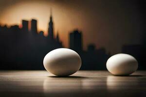 two white balls sit on a table in front of a cityscape. AI-Generated photo