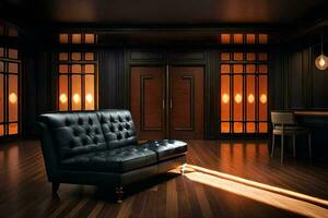 a black leather couch in a room with wood floors. AI-Generated photo