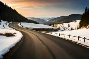 a winding road in the mountains with snow. AI-Generated photo