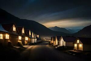 un fila de casas en el oscuro con luces en. generado por ai foto