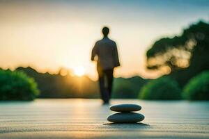 man walking on a path with two stones. AI-Generated photo