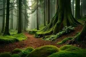 a path through a forest with mossy trees. AI-Generated photo