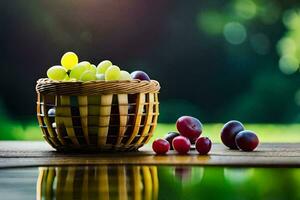 grapes in a basket on a table with a green background. AI-Generated photo