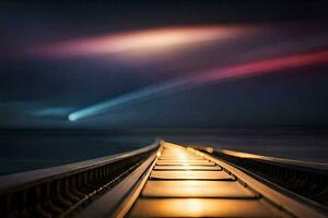 un largo tren pista líder a el océano. generado por ai foto