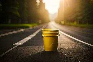 a yellow bucket sitting on the road. AI-Generated photo