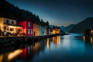 colorful houses along the water at night. AI-Generated photo