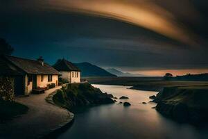a house sits on the side of a river at night. AI-Generated photo