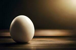 an egg sitting on a wooden table. AI-Generated photo