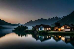 un lago y dos casas en el montañas a oscuridad. generado por ai foto