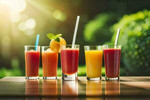 five glasses of juice on a table. AI-Generated photo