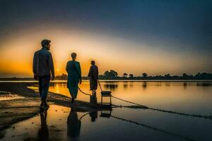 Tres personas caminando a lo largo el apuntalar a puesta de sol. generado por ai foto