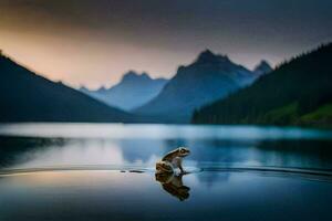 a frog is standing in the water at sunset. AI-Generated photo