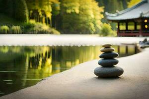 a stack of stones sitting on the shore of a lake. AI-Generated photo